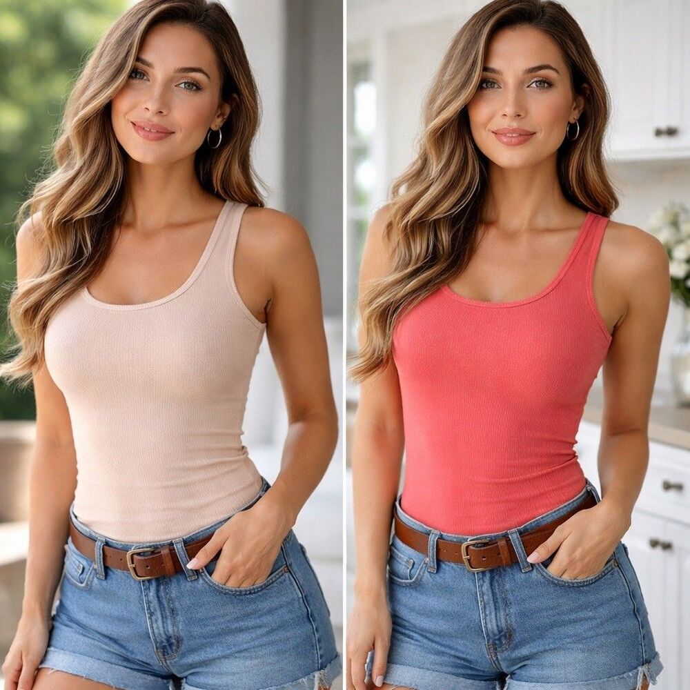 New 2PC Set Nally&Millie Coral Beige Knit Minimalist 100%Cotton Tank Top Women S